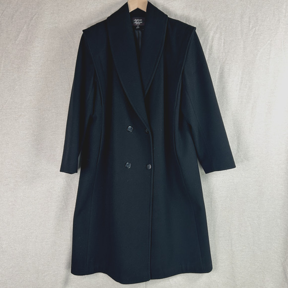 VTG Stephanie Mathews Womens Black 100% Wool Over Coat Size 14 Petite Long Line - Picture 1 of 10
